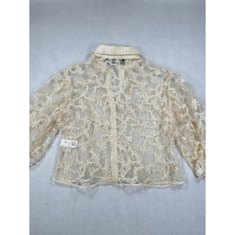 ZARA Cream Sheer Floral Lace Embroidered Cropped Balloon Sleeve Blouse Women's L - Picture 4 of 11